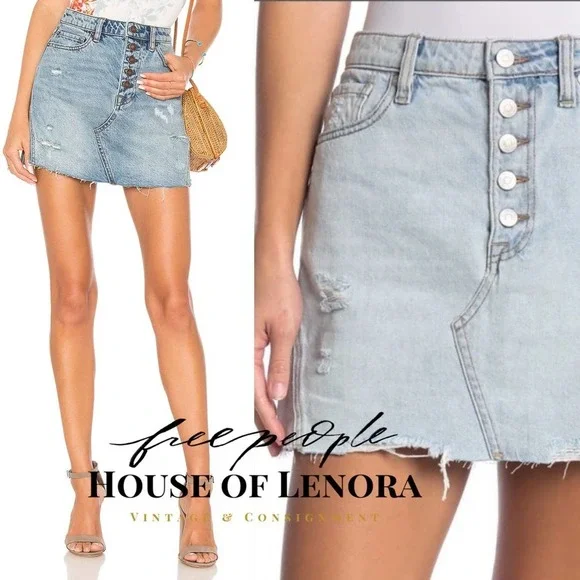 NWT Free People Distressed Button Fly Denim Skirt OB789272 - JJ0367 - Picture 1 of 11